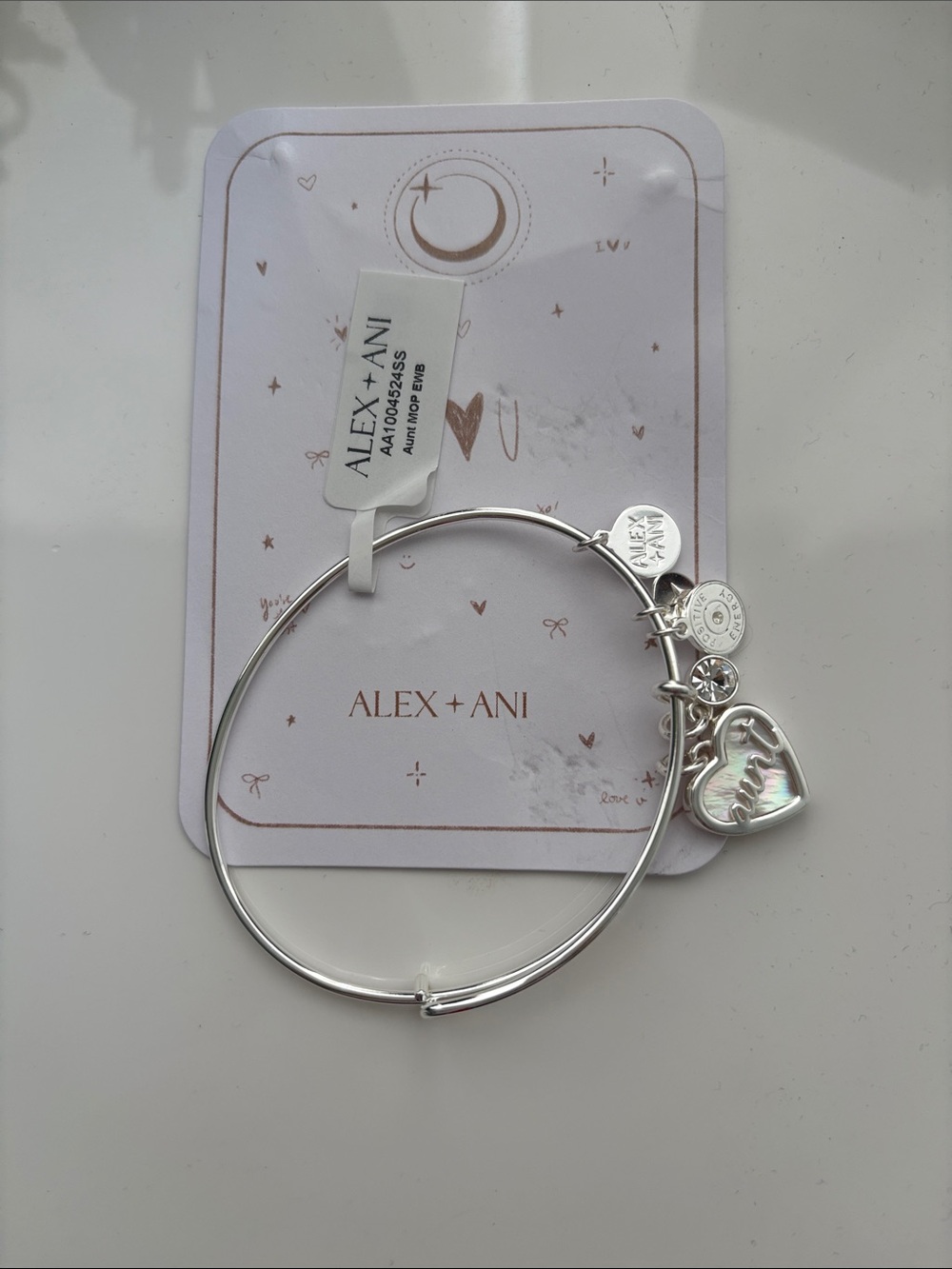 Alex and Ani Silver-Tone Heart Charm Bangle with Iridescent Mother-of-Pearl